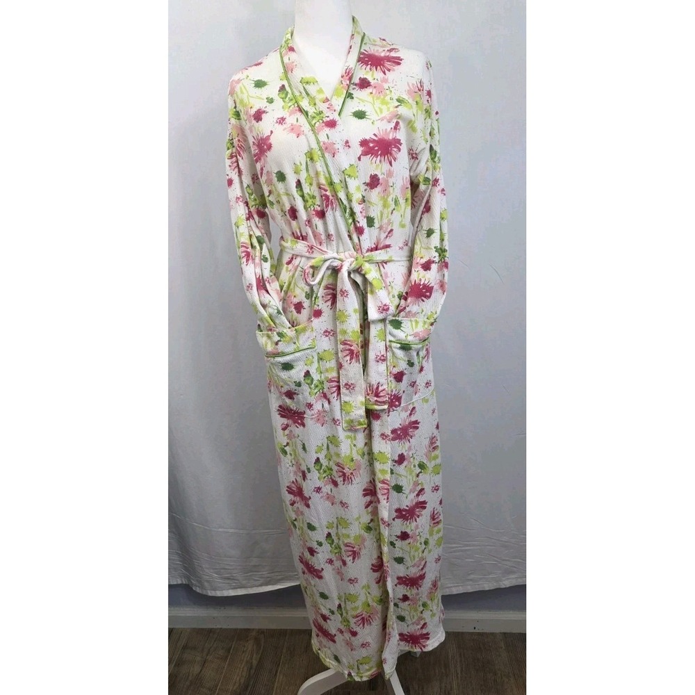 Soft Surroundings Floral Wrap Robe Pink Green Cotton Blend Long Sleeve M